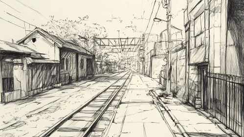 Monochrome Cityscape with Railroad Tracks