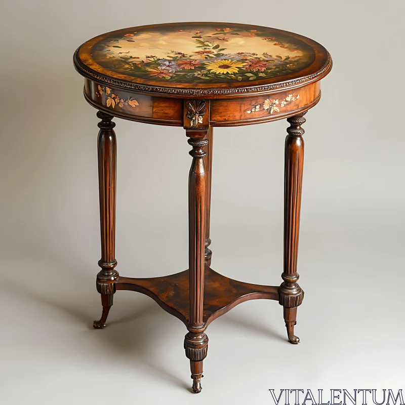 Round Wooden Table with Floral Design AI Image