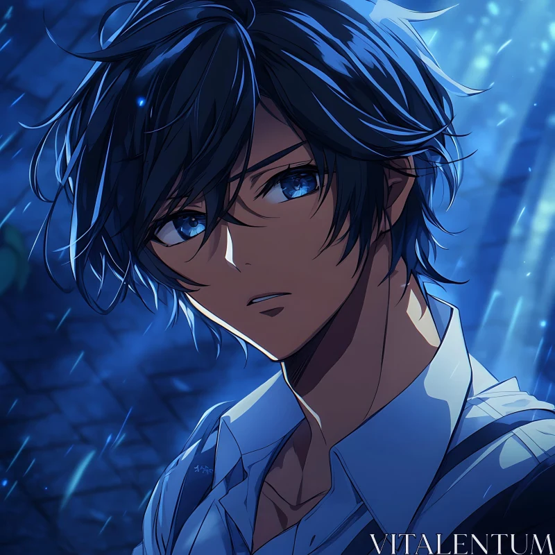 Somber Anime Character in Rain AI Image