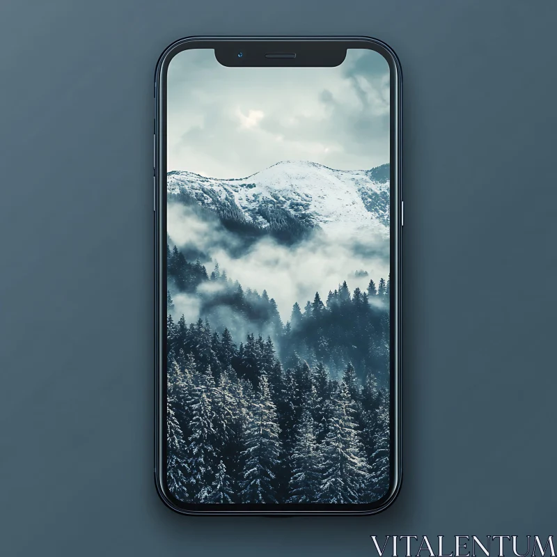 Snowy Peaks on Phone Screen AI Image