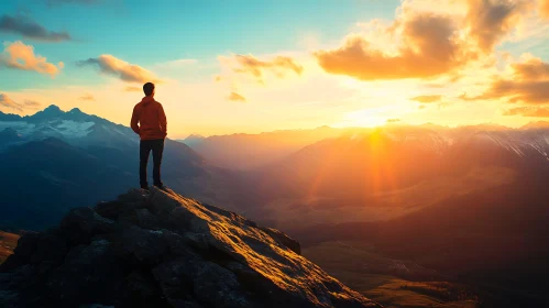 Man on Mountain Peak at Sunset