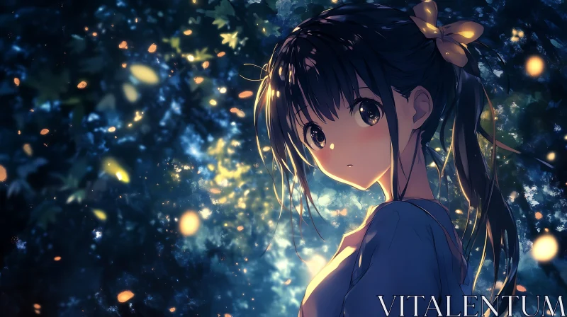 Anime Girl in Illuminated Night Forest AI Image