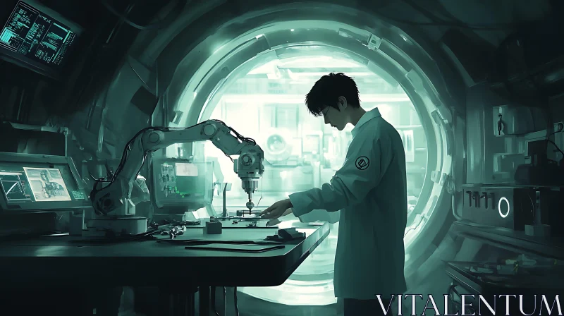 Scientist and Robot in Teal Laboratory AI Image