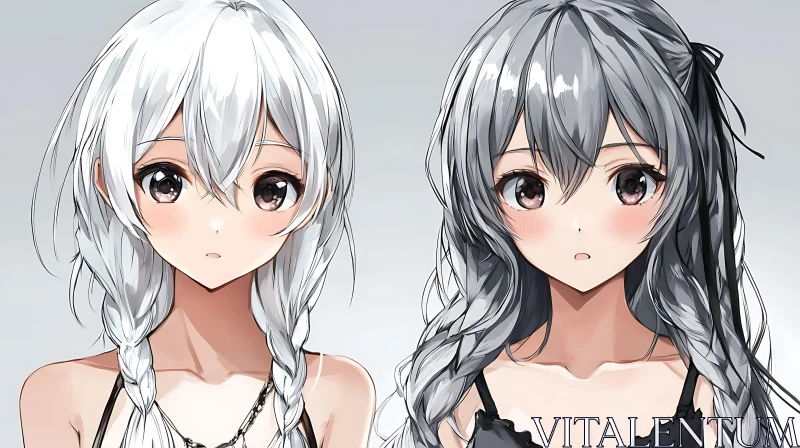 Anime Twins with Silver Braided Hair AI Image