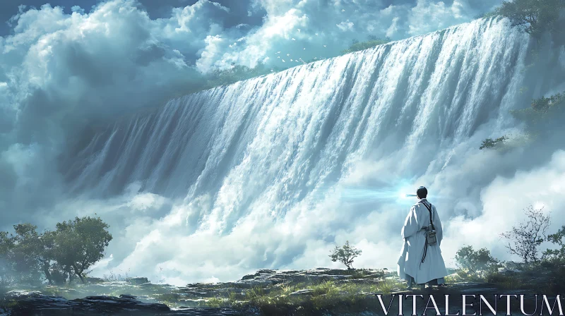 Contemplative Monk at the Giant Waterfall AI Image