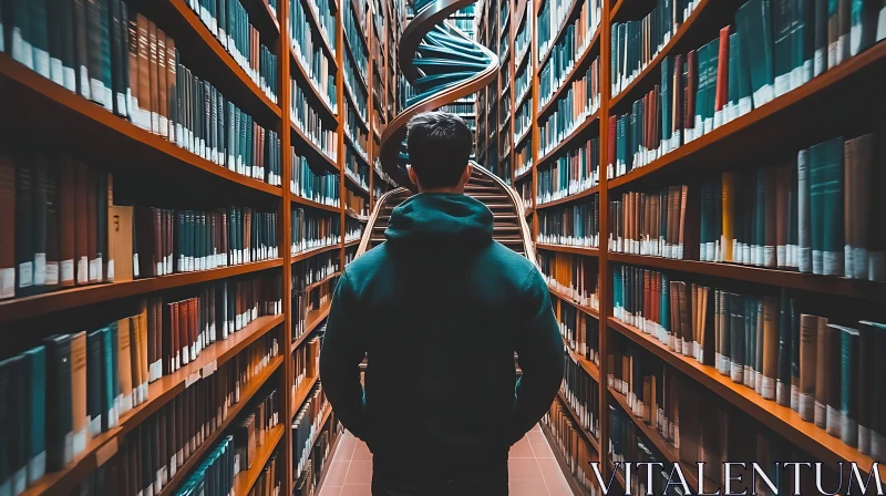 Man in Library Facing Staircase AI Image