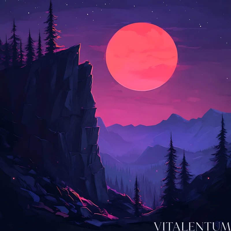 Red Moon Night Over the Mountains AI Image