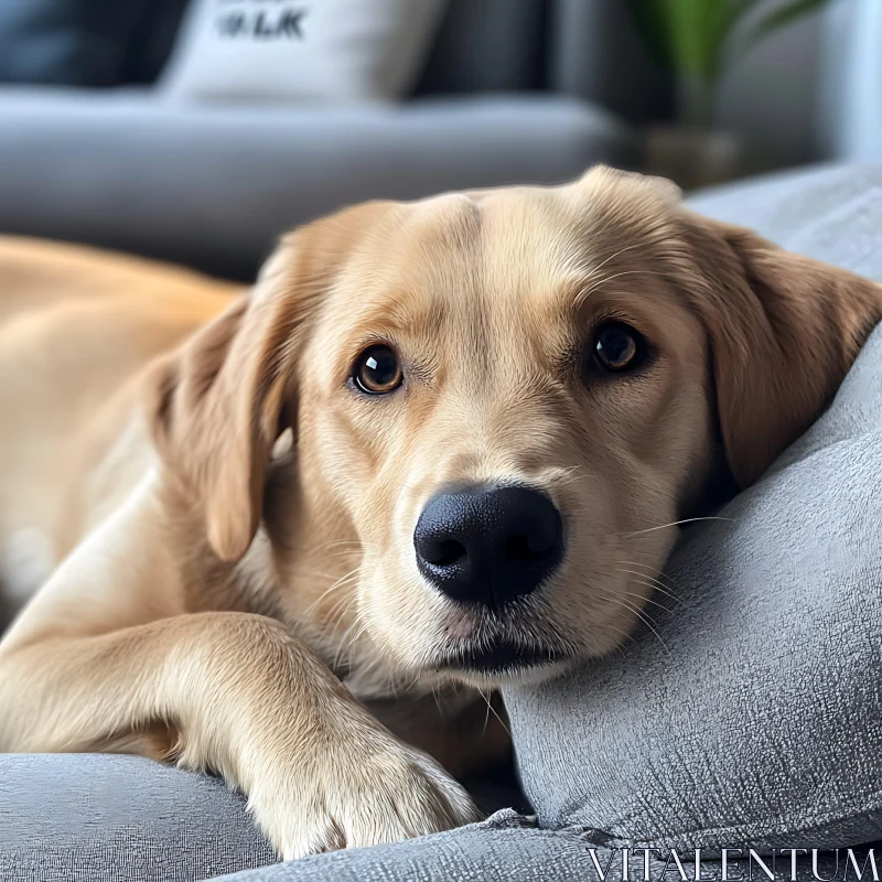 AI ART Relaxed Golden Retriever on Grey Couch