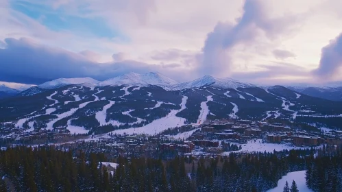 Winter Mountain Village Under Cloudy Sky