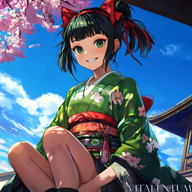 Anime Girl in Floral Kimono with Cherry Blossoms AI Image