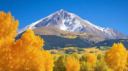 Snowy Mountain Peak with Golden Trees