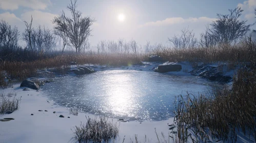 Winter Lake with Sunlight Reflection