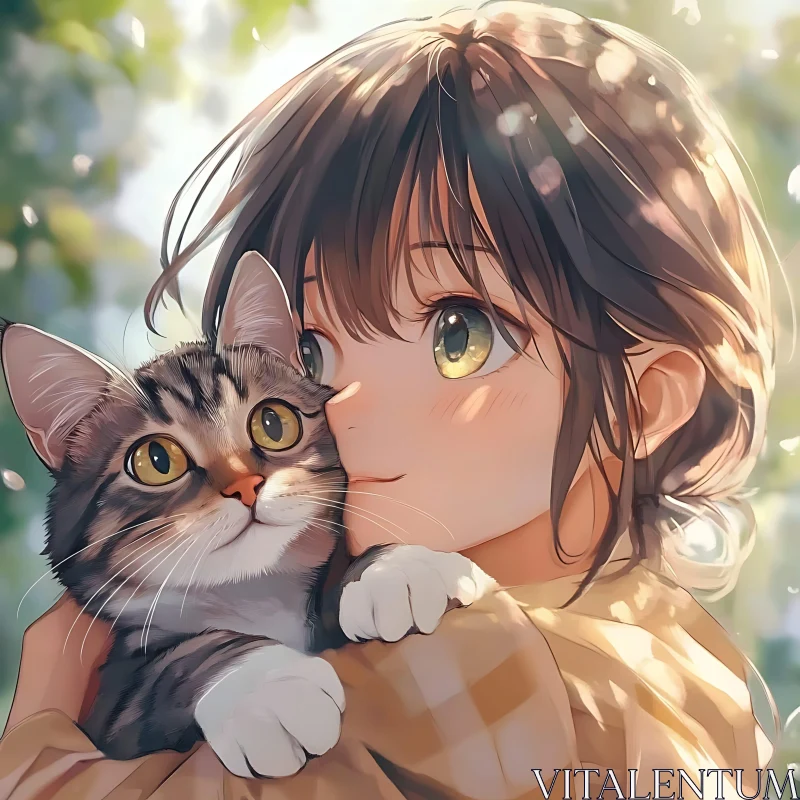 Adorable Anime Girl Hugging a Cat Art AI Image