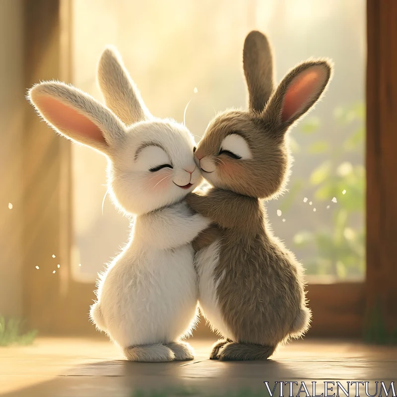 Two Bunnies Embracing in Cartoon Style AI Image