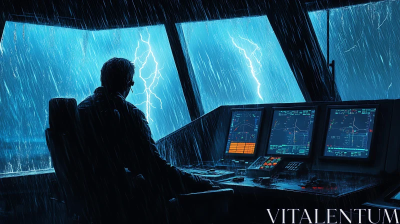 AI ART Man at Control Panel During Thunderstorm