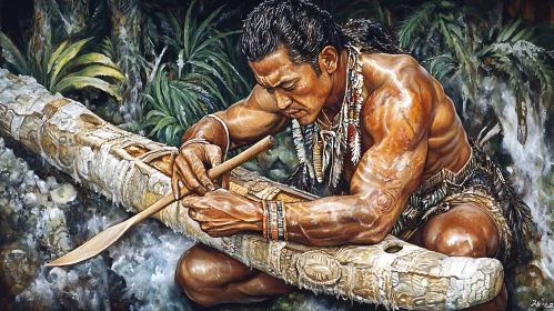 Indigenous Man Carving Canoe by River