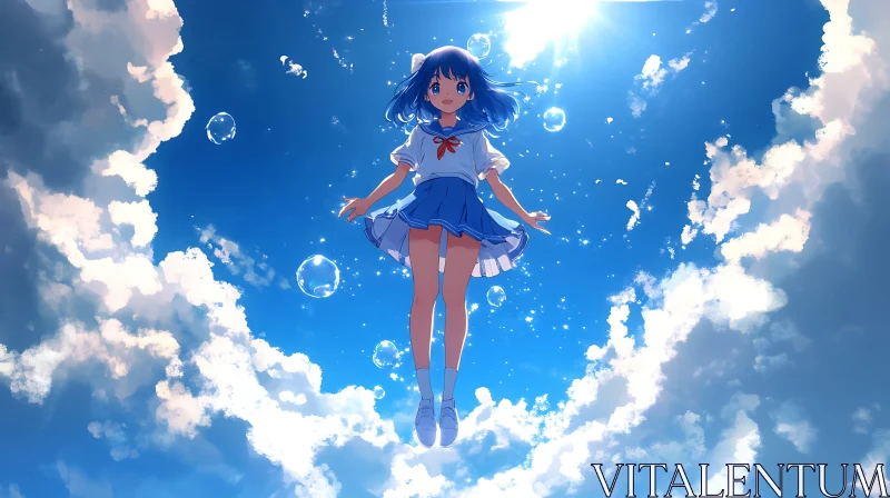 AI ART Serene Floating Anime Girl with Clouds