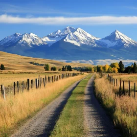 Snowy Peaks and Rural Path