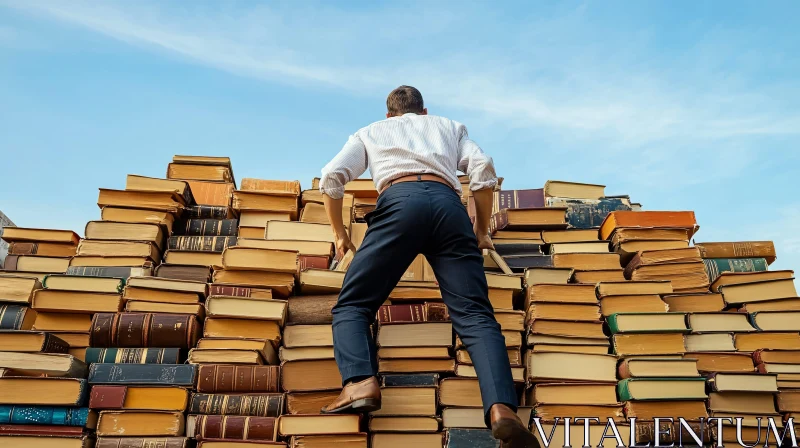 Ascent to Knowledge: Man Climbing Book Staircase AI Image