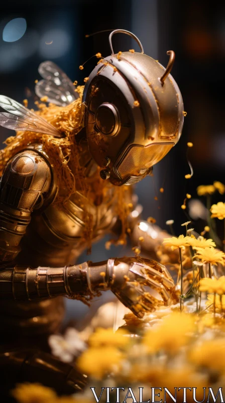 Golden Robot Amid Flowers: A Blend of Artificial Intelligence and Natural Beauty AI Image