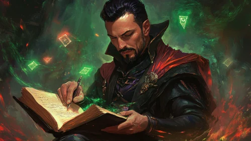 Wizard Immersed in Spellbook with Magic Symbols