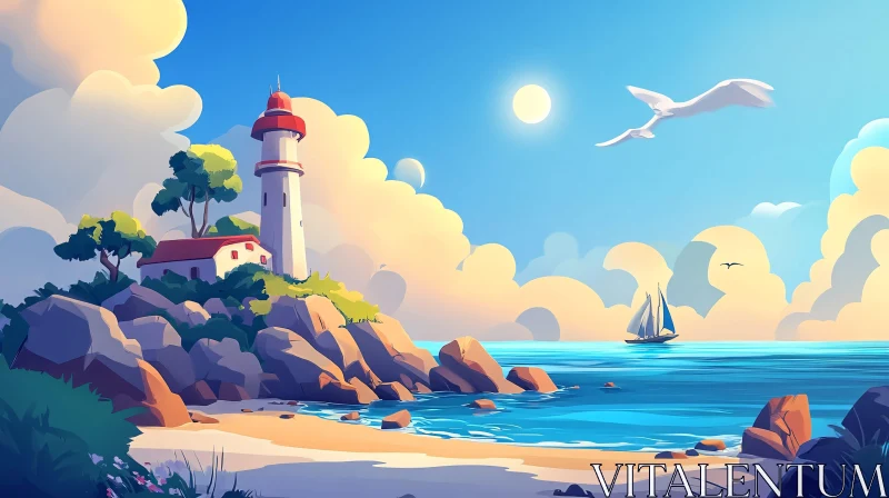 Coastal Lighthouse and Sailboat Illustration AI Image