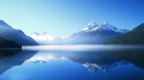 Snowy Mountains Reflected in Calm Lake