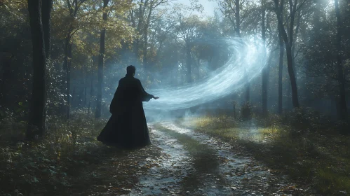 Mystical Forest Scene with Wizard