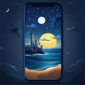 Cartoon Island Landscape on Phone Screen