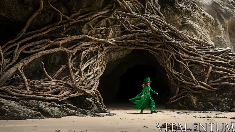 AI ART Green Figure Walks Beach Cave Entrance