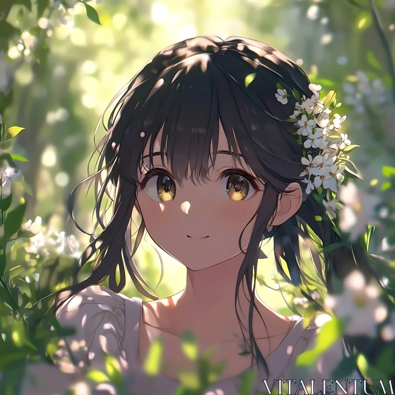 Golden-Eyed Anime Girl in Greenery AI Image