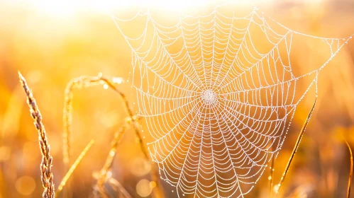 Spider Web Adorned with Dew in Morning Light