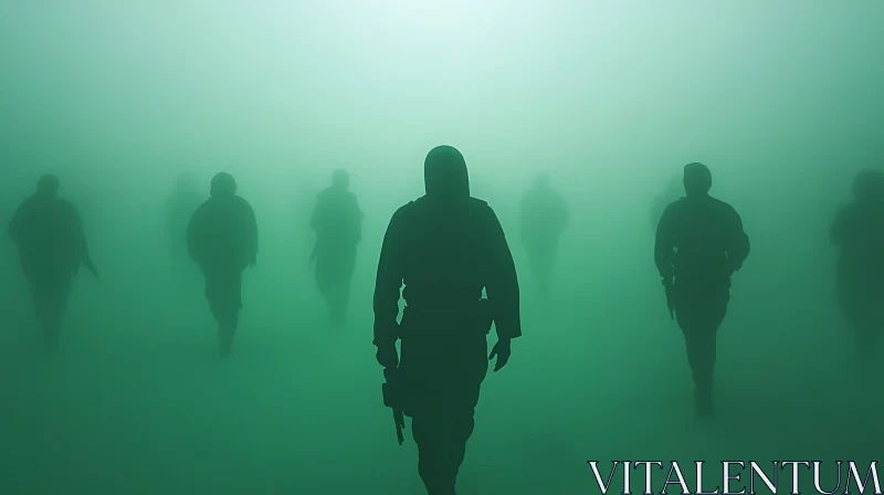 Silhouette Soldiers in Green Mist AI Image