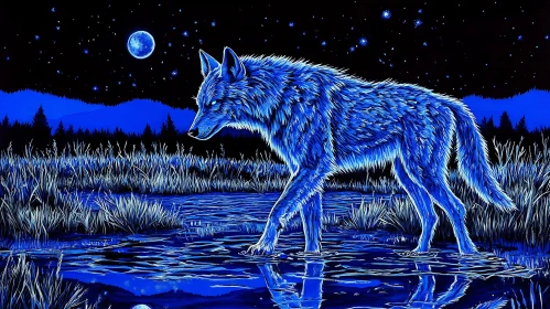 Blue Wolf Under the Moon