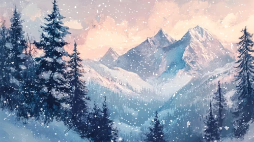 Winter Mountain Scenery with Snowfall