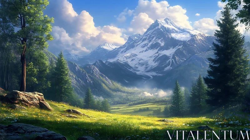 AI ART Snowy Peaks and Green Valley View