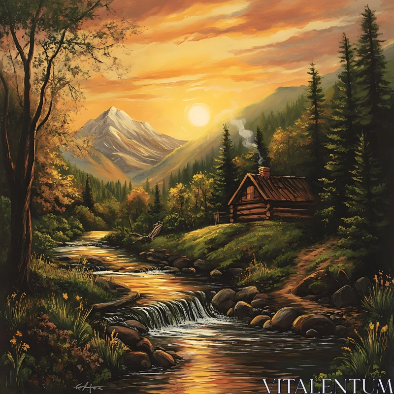AI ART Mountain Cabin River Sunset Landscape