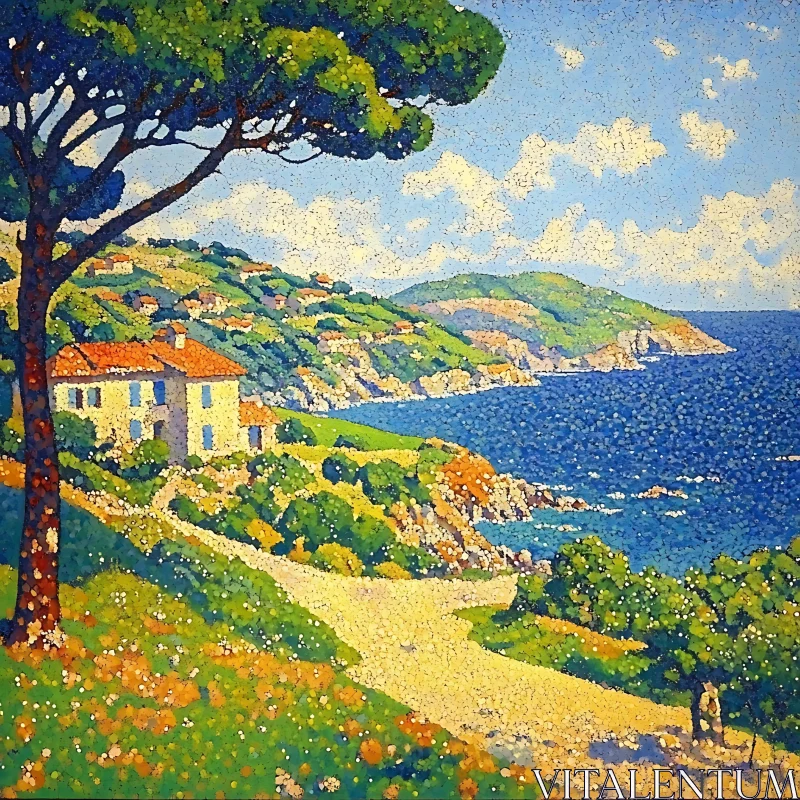 AI ART Seaside Villa Pointillism Art