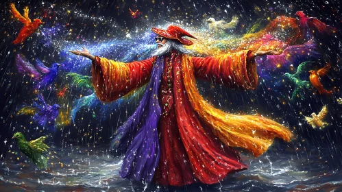 Colorful Wizard and Birds Fantasy