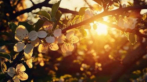 Sunlit Blossoms on Tree Branch