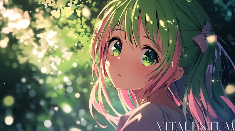 Anime Girl in Sunlit Forest AI Image