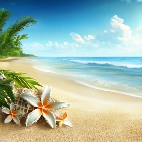 Tropical Beach with White Flowers