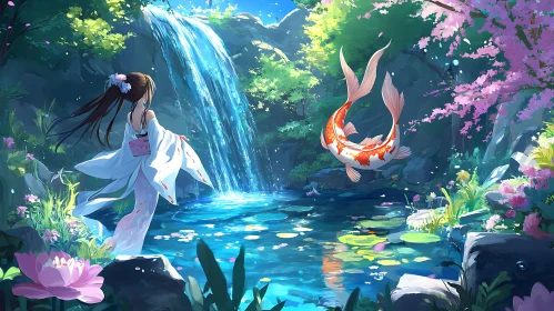 Peaceful Anime Nature Scene with Koi Fish and Waterfall