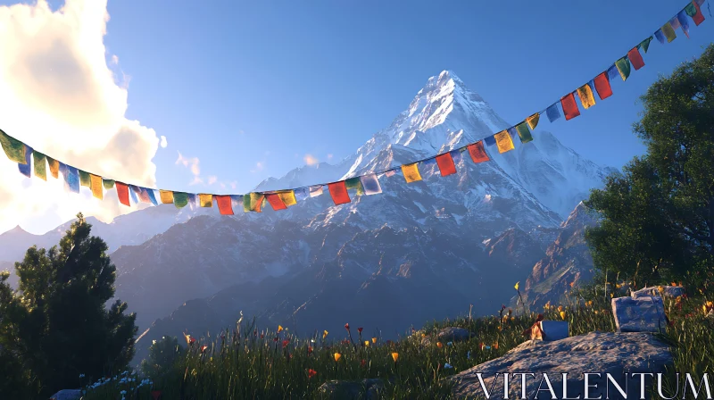 Mountain Landscape with Colorful Flags AI Image