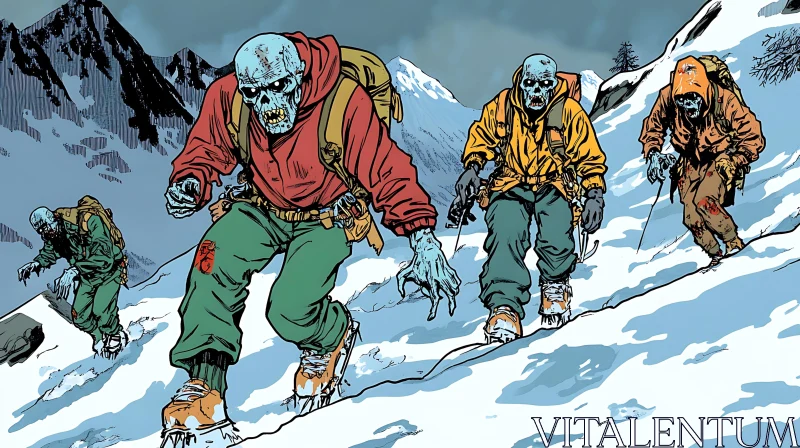 Zombie Mountaineers Conquer Snowy Heights AI Image