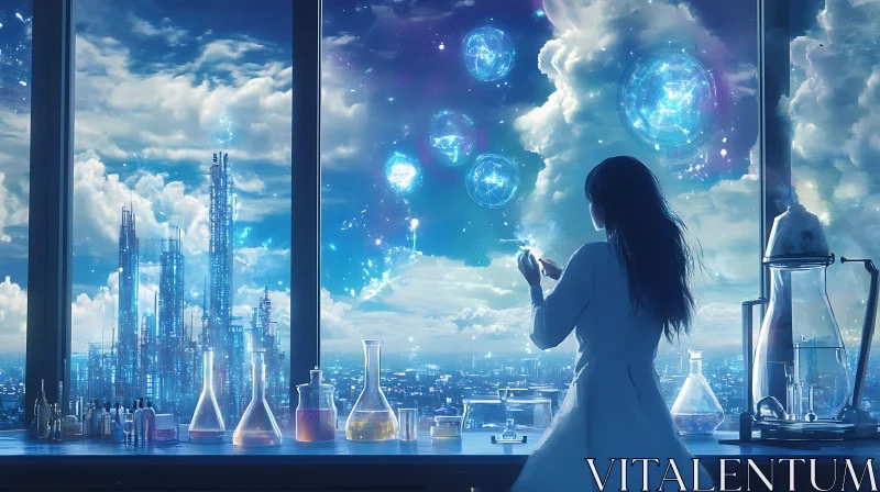 AI ART Scientist Gazing at Futuristic Cityscape