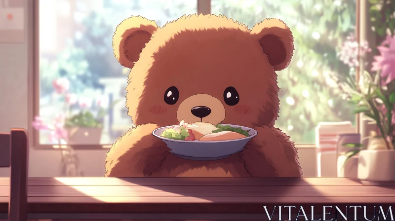 Adorable Bear with Food in Sunlit Kitchen AI Image