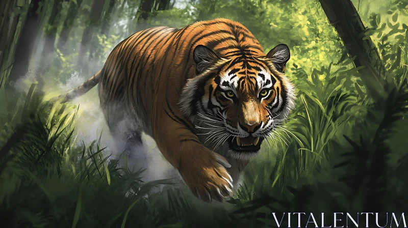 Roaring Tiger in Green Forest AI Image