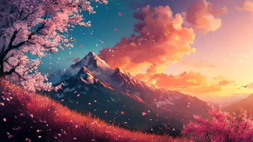 Pink Petals Mountain Scenery