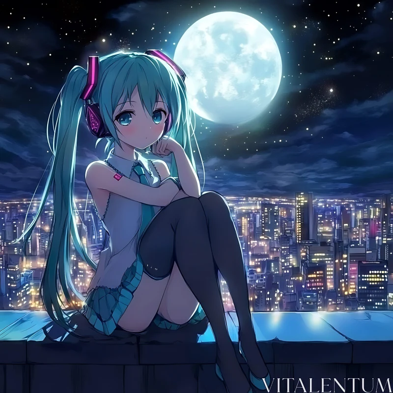 Contemplative Anime Girl Under Moonlight in Urban Setting AI Image